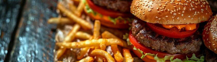 Close-up of delicious cheeseburgers with fresh lettuce, tomato, and crispy french fries on a rustic wooden table.