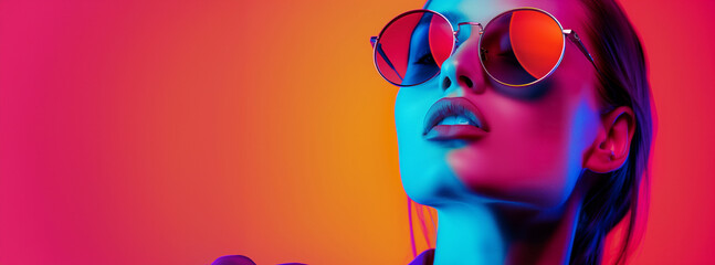 A woman wearing sunglasses and a red shirt is standing in front of a bright orange background. image has a vibrant and energetic. Fashion beautiful woman with colored sunglasses colored background,