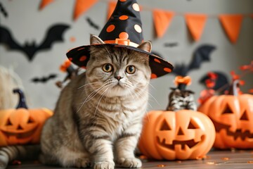 Halloween cat in a wizard costume. Light festive background. Cute british white cat with pumpkins, jack o lantern, holiday decoration. Funny feline in a black witch hat. Card with pet. All Saints Day