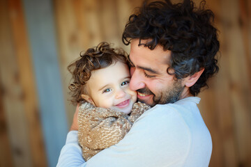 Parent-child interaction demonstrating the importance of secure attachment in early childhood.A man is smiling while holding a little girl, expressing comfort and happiness