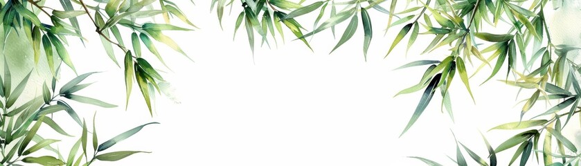 Fototapeta premium Elegant bamboo leaves frame on white background, perfect for nature-themed designs and backgrounds. Ideal for peaceful, zen, and green imagery.