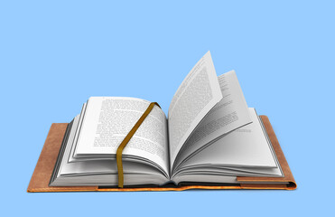 Open book in a leather cover A blank white book 3d render on blue