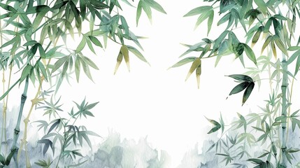 Elegant watercolor bamboo forest with lush green leaves on a white background, perfect for nature-themed designs and wallpapers.