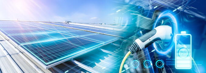 Concept of Vehicles using renewable energy station.Car charging station for charging electric car.Electric car charging on solar rooftop background,charging station future for driving © Yingyaipumi