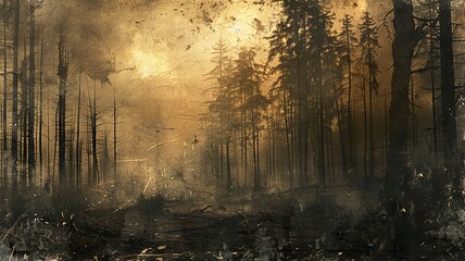 Obraz premium Eerie forest landscape covered in dense fog with trees creating a mysterious atmosphere