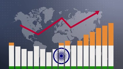 India bar chart graph with ups and downs, increasing values, concept of economic recovery and business improving, businesses reopen, politics conflicts, war concept with flag