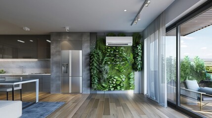 Obraz premium A contemporary apartment with a minimalist design, wall-mounted AC, a kitchen with top-of-the-line stainless steel appliances.