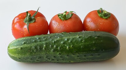 Fresh cucumbers and tomatoes on white surface, perfect for food photography or recipe backgrounds