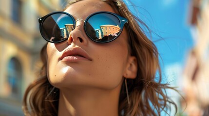 Front view of woman wearing sunglasses with black lenses reflecting city streets