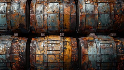 Rows of Rusty Metal Barrels with Weathered Texture