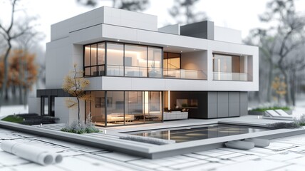 Modern architectural house with large glass windows