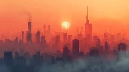Cityscape At Sunset With Skyscrapers And Hazy Atmosphere