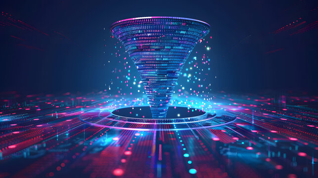 Digital funnel processing data for analysis and transformation into useful information in modern style. Concept Data Processing, Digital Funnel, Information Analysis, Data Transformation