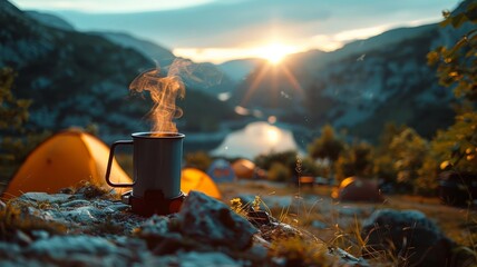 Coffee Mug on Rock with Sunrise in Mountains