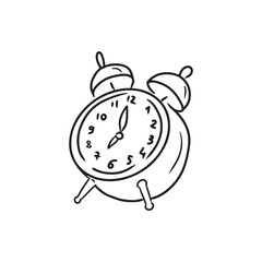 Alarm clock in vintage metal style with arrows and 7 o'clock as a symbol of wake up early at the morning. Hand drawn vector sketch illustration in doodle engraved line art vintage style.