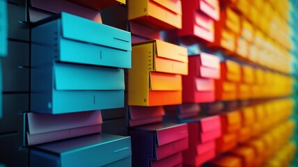 Close-up of colorful storage boxes in a high-tech archive