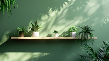 Minimalist Shelf with Potted Plants Against Green Wall