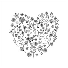 Heart-shaped doodle vector card. Black and white