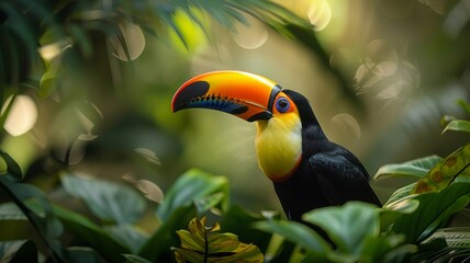 Toucan Bird In Tropical Forest With Lush Foliage