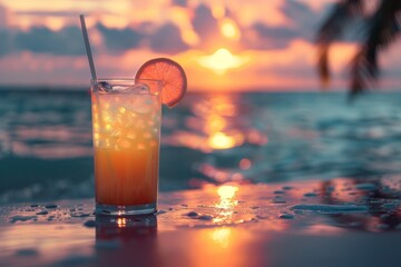 Drinks with blur tropical beach and sunset in background