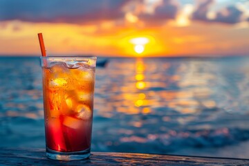 Drinks with blur tropical beach and sunset in background