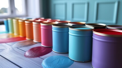 Close-up of Colorful Paint Cans on a Wooden Shelf