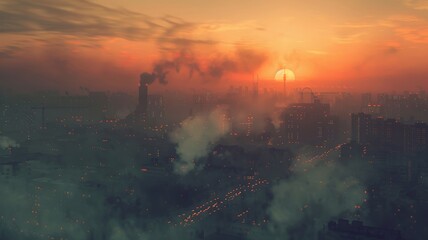 Cityscape At Sunset With Smoky Haze And Orange Sun