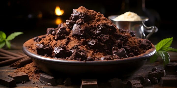 Dark chocolate crumb melting on black table creating a messy delicious scene. Concept Chocolate Crumbs, Messy Table, Dark Chocolate, Delicious Scene