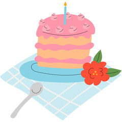 Birthday cake with candles and flowers . Hand drawn  Birthday greeting cards