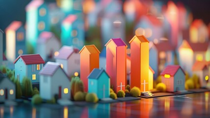 Colorful miniature houses and skyscrapers in a vibrant cityscape
