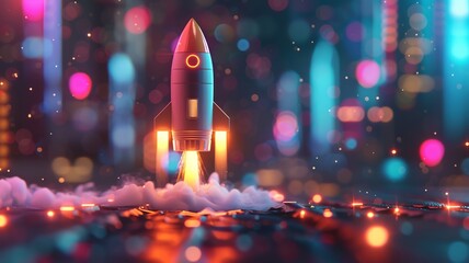 Rocket taking off in a neon-lit futuristic world