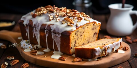 Closeup of moist vegan banana bread with walnut topping on wood. Concept Food Photography, Vegan Baking, Banana Bread, Walnut Topping, Moist Texture