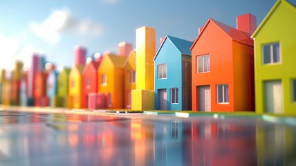 Vibrant miniature houses with a reflective surface