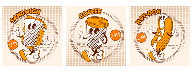 street food posters with funny characters in retro style rubber hose