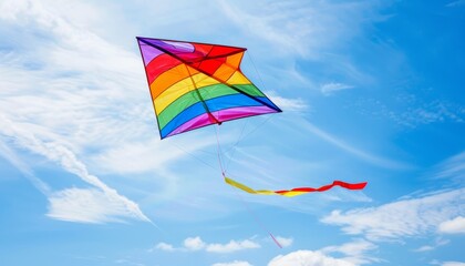 Vibrant Rainbow Kite Soaring in the Clear Blue Sky
