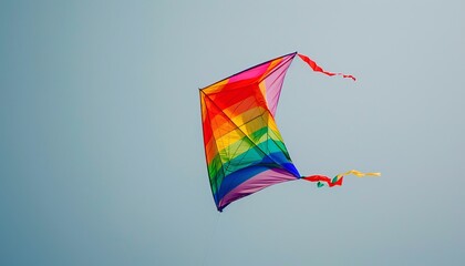 Enjoying a Leisurely Weekend with Loved Ones: Flying a Colorful Rainbow Kite in the Blue Sky