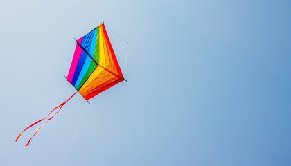 Family Fun: Flying Rainbow Kite in the Peaceful Blue Sky