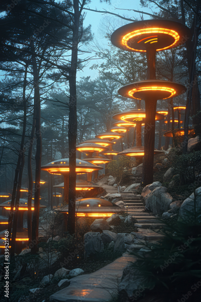Aufkleber A futuristic park on a planet, where Wi-Fi signals are visible as part of the environment, blending with nature,