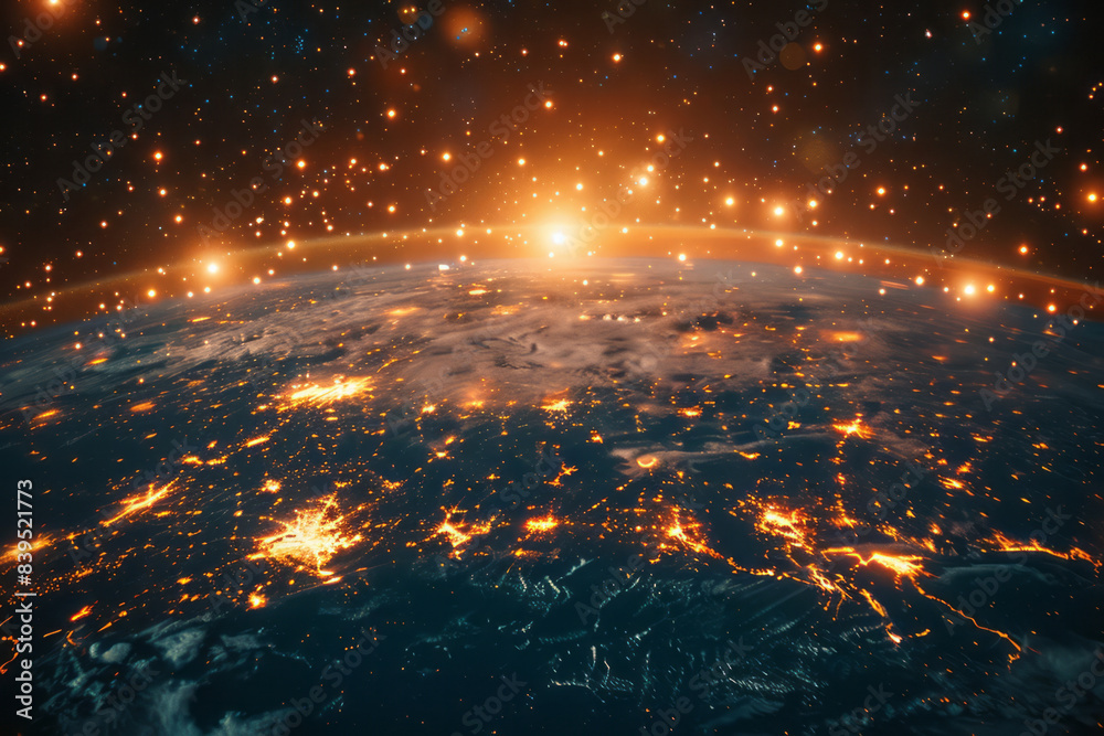 Poster a network of satellites surrounding a planet, each emitting wi-fi signals that blanket the planet in