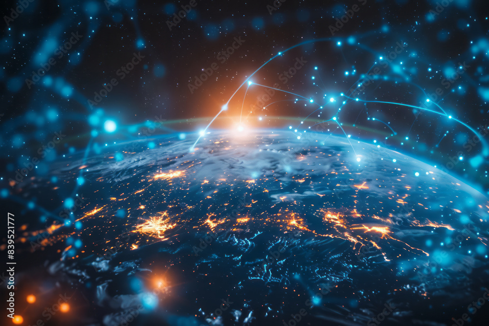 Aufkleber a network of satellites surrounding a planet, each emitting wi-fi signals that blanket the planet in