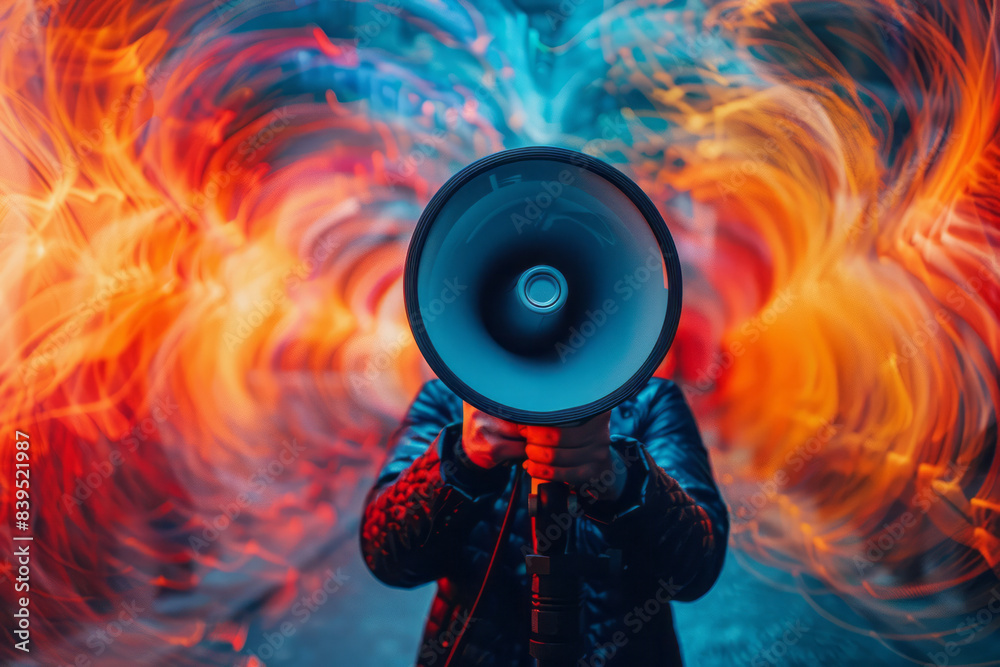 Poster a megaphone surrounded by swirling, vibrant sound waves, creating a dynamic sense of voice projectio