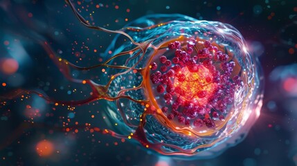 A crosssection of a human cell in the telophase stage with the nuclear envelope reforming around the two separate nuclei