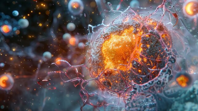 A detailed view of a cell in telophase with the chromosomes decondensing and the nucleolus reappearing in the newly formed nuclei