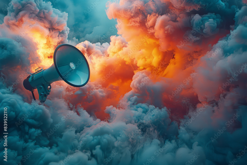 Aufkleber an abstract representation of a megaphone surrounded by swirling clouds of colorful mist, symbolizin