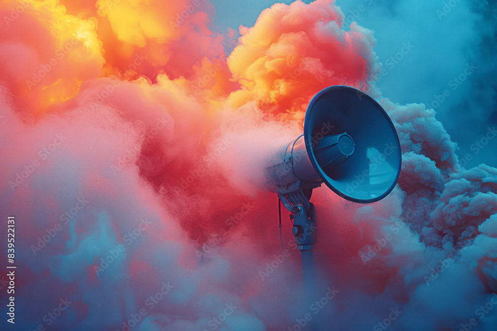 Aufkleber an abstract representation of a megaphone surrounded by swirling clouds of colorful mist, symbolizin