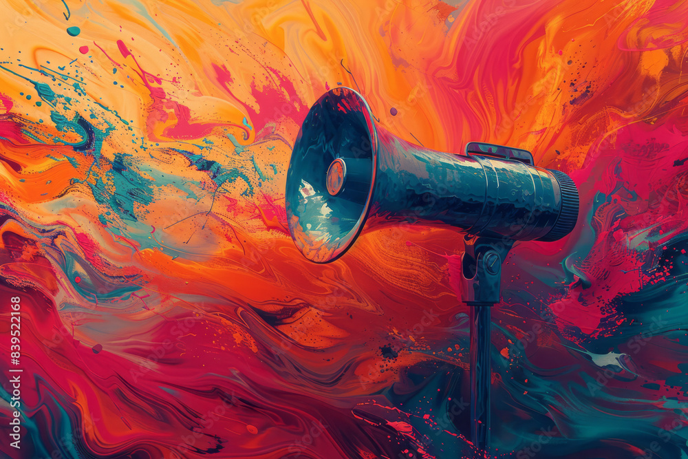 Fototapete An abstract design featuring a megaphone with dynamic lines and patterns emanating from it, symbolizing a powerful shout,