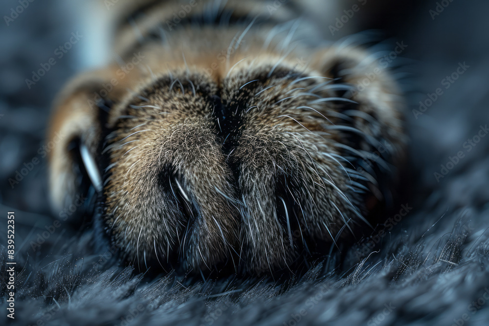 Poster a close-up of a tabby cat paw with distinct black stripes, showing the texture of the fur and pads,