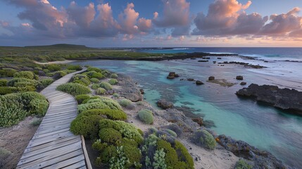 Picturesque sunset boardwalk to white sandy beach overlooking ocean with sparse shrubs