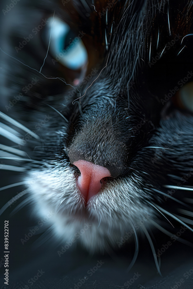 Poster a macro shot of a tuxedo cat paw with black fur and white toes, highlighting the contrast,