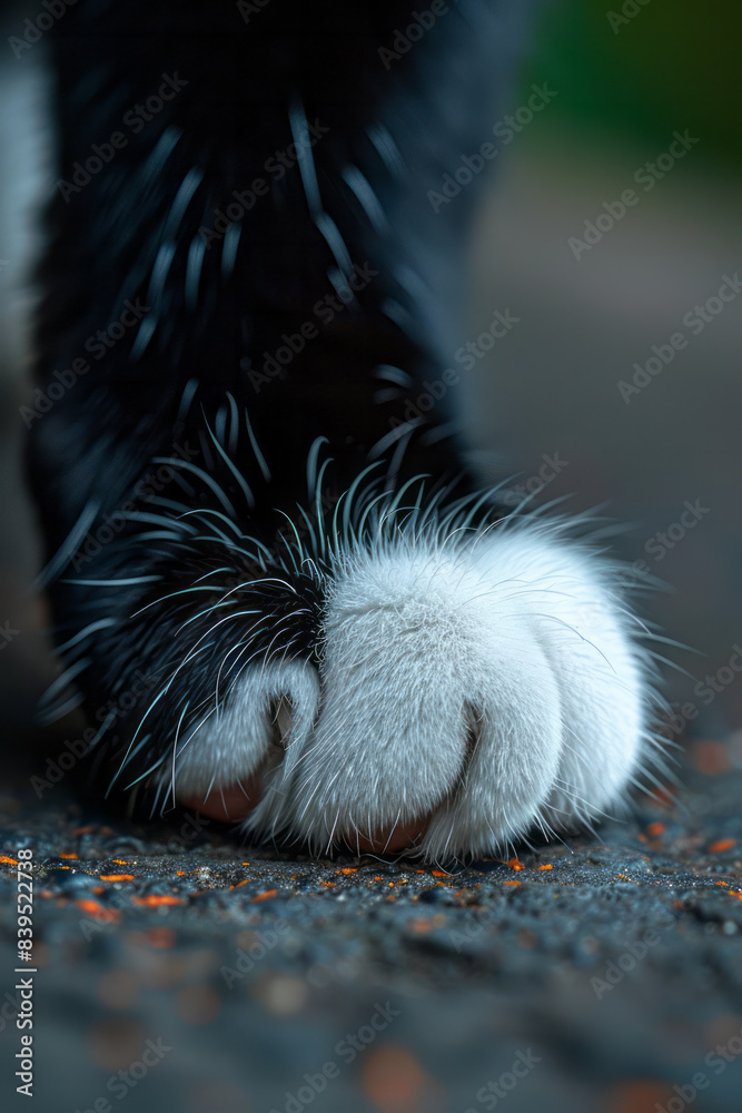 Poster a macro shot of a tuxedo cat paw with black fur and white toes, highlighting the contrast,